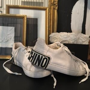 Moschino White Lace Up Leather Sneakers